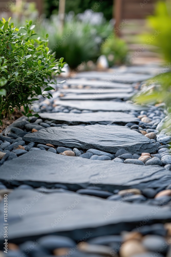 Serpentine garden path lined with stones and green plants Serpentine garden path lined with stones and green plants