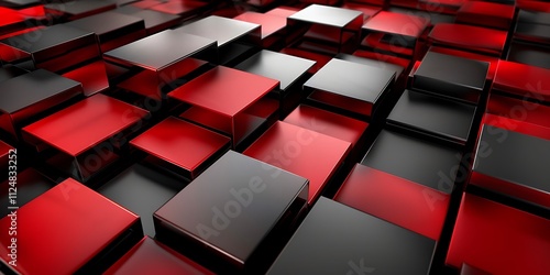 Abstract background of red and black cubes in a random pattern.
