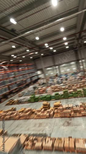 FPV aerial flight inside warehouse. Huge storage industrial building stockhouse with delivery goods. Logistics concept. Speed drone views. photo