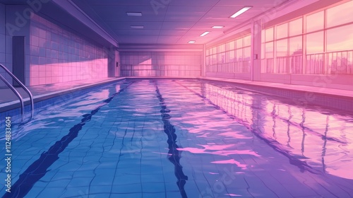 Aesthetic swimming pool and reflect ripple on water surface, pastel rainbow pink and violet manga / anime art style, japanese citypop nostalgic feeling photo