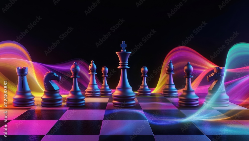 Chessboard with Neon Lights and Dramatic Posing Chessboard with Neon Lights and Dramatic Posing
