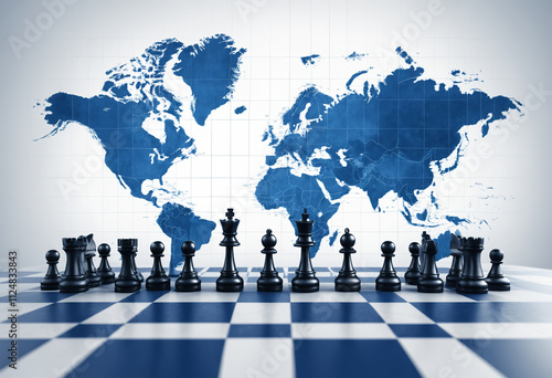 Strategic global business concept illustrated with chessboard merging with a world map, highlighting planning and leadership on a global scale.