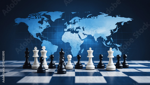 Strategic global business concept illustrated with chessboard merging with a world map, highlighting planning and leadership on a global scale.