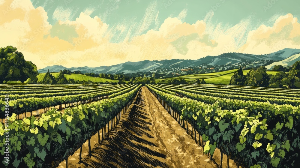 Naklejka premium Agricultural hand drawn modern illustrations of vineyard landscapes. Farm vineyard, landscape field agriculture illustrations.