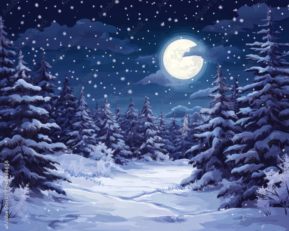Fototapeta premium Snowy forest under a bright full moon.