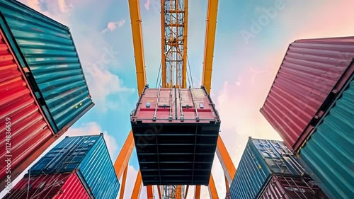 Cargo container being lifted by a giant yellow gantry crane in a port, with colorful shipping containers stacked in the background