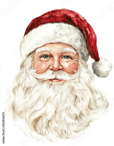 Christmas character portrait of Santa Claus, depicted in a hand-drawn watercolor style. Vintage illustration provided as a PNG with a transparent background. photo