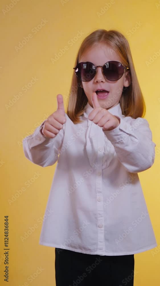 Vertical, Young business girl giving thumbs up and cheerfully laughing and dancing. Happy child in glasses wearing shades, thumbs up. Smiling girl showing thumbs up. Woman with positive gesture. Vertical, Young business girl giving thumbs up and cheerfully laughing and dancing. Happy child in glasses wearing shades, thumbs up. Smiling girl showing thumbs up. Woman with positive gesture.