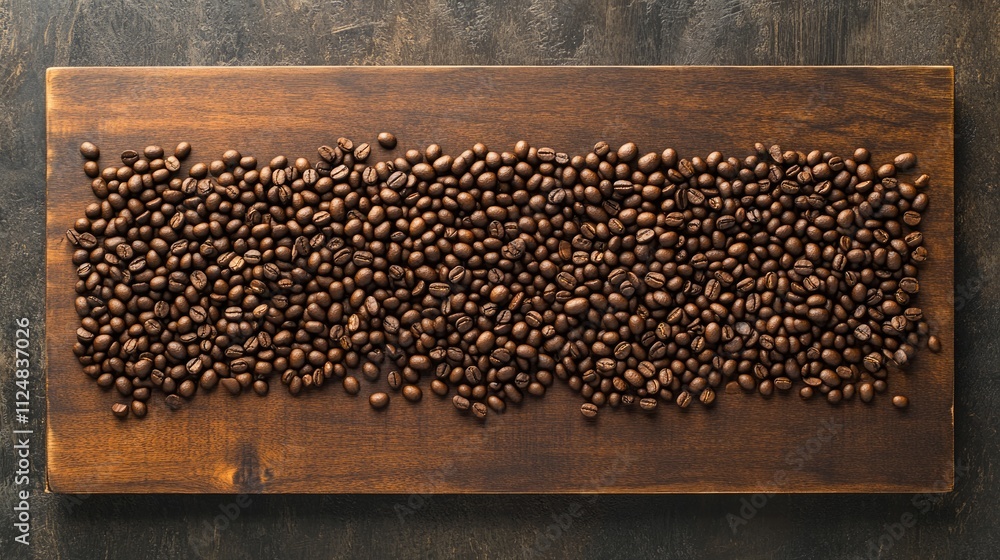 cup coffee beans wooden earthy. A wooden board displays a dense arrangement of dark brown coffee beans, showcasing their rich texture and color. cup coffee beans wooden earthy. A wooden board displays a dense arrangement of dark brown coffee beans, showcasing their rich texture and color.