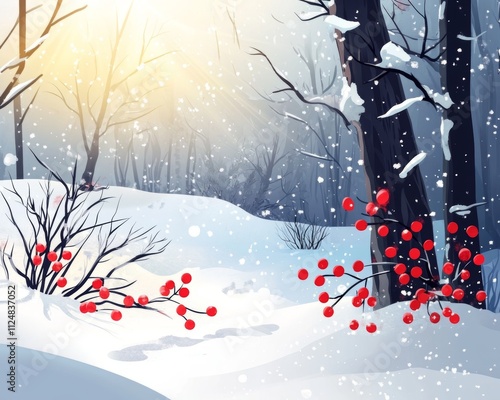 Snowy landscape with red berries and trees. photo