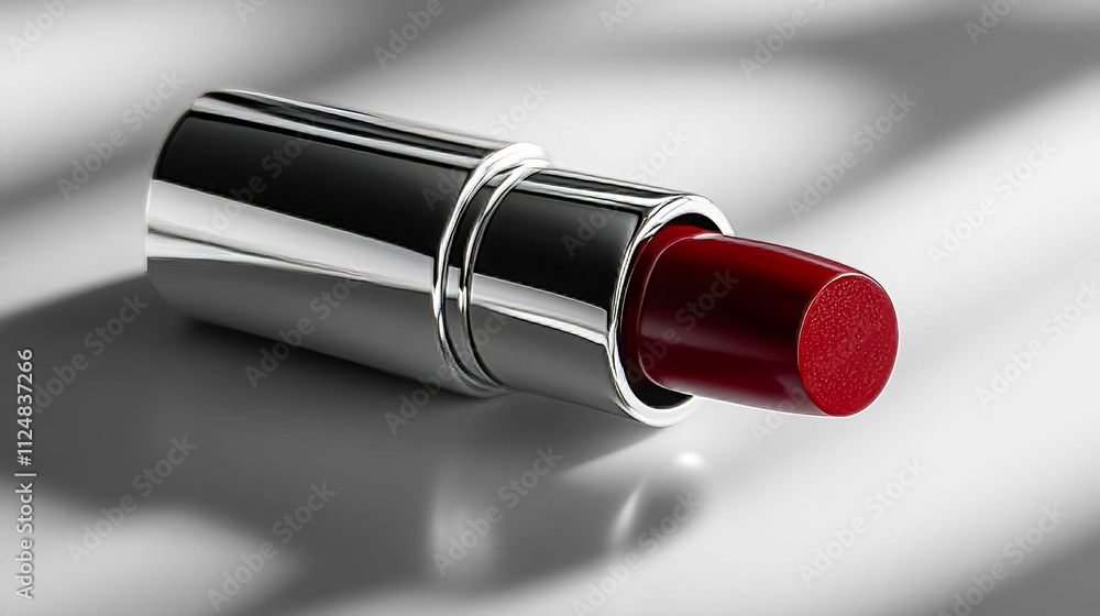 A maroon lipstick in a silver and black case on a white background. Advertising cosmetics. A maroon lipstick in a silver and black case on a white background. Advertising cosmetics.