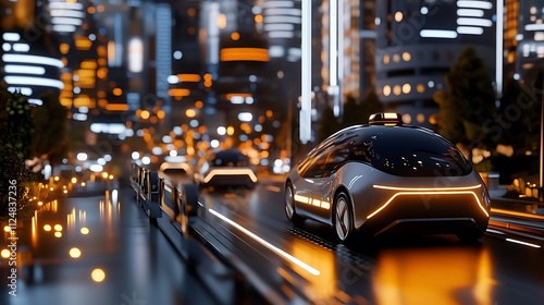 Futuristic Self-Driving Cars Navigating a Neon-Lit City at Night - 3D Render AI Generated