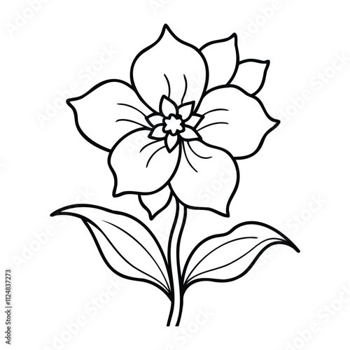 Black and white line art of a delphinium flower with intricate petals and leaves