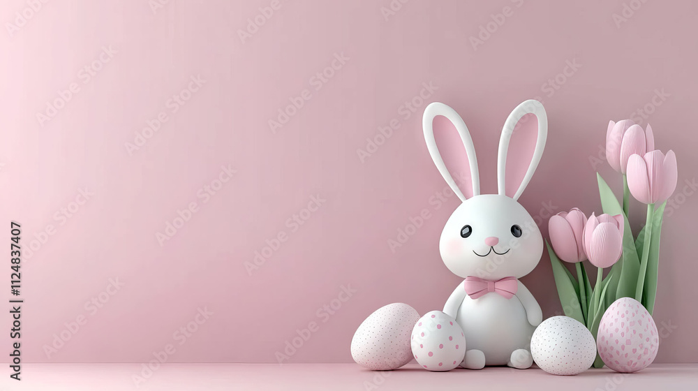 Obraz premium Easter scene on a soft pink background. In the center is a white Easter bunny, next to it are three Easter eggs in pastel colors.
