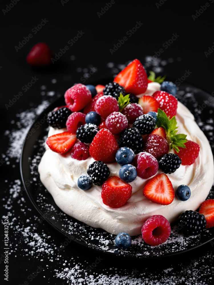 Classic Pavlova dessert with a crisp meringue shell, topped with whipped cream and a generous assortment of fresh berries. Classic Pavlova dessert with a crisp meringue shell, topped with whipped cream and a generous assortment of fresh berries.