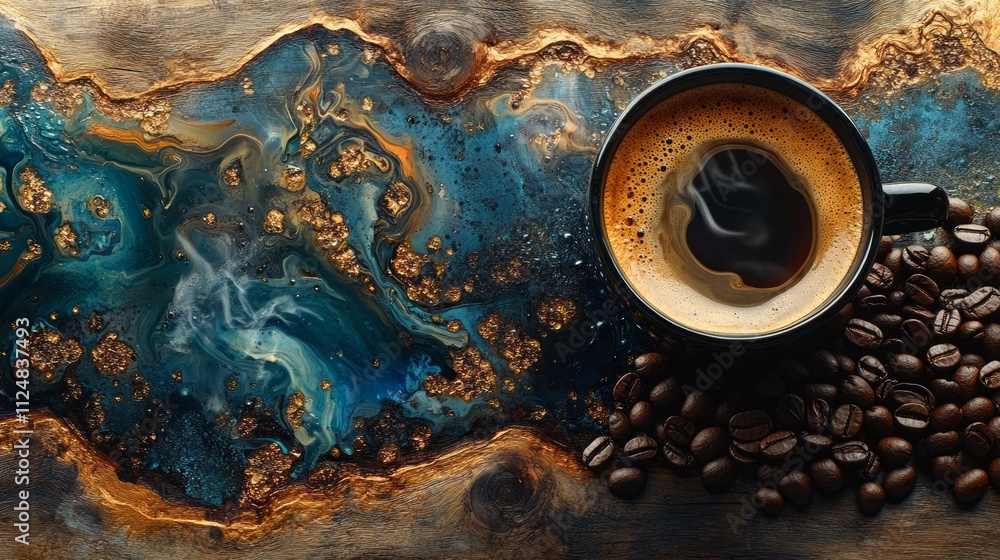 cup coffee beans wooden earthy. A close-up of a cup of coffee beside roasted beans on a colorful, abstract background featuring shades of blue and gold. cup coffee beans wooden earthy. A close-up of a cup of coffee beside roasted beans on a colorful, abstract background featuring shades of blue and gold.