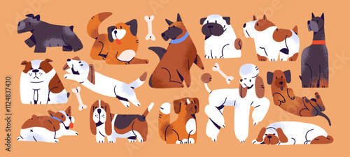 Set of different happy dogs. Cute puppies of various breeds: bulldog, dachshund, poodle. Amusing pups have fun, play, sit and sleep. Adorable pets, domestic animals. Flat isolated vector illustrations