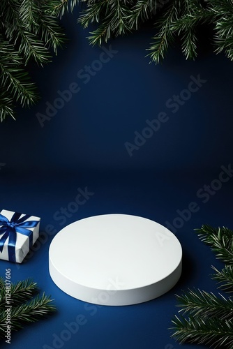 White round podium with gift and pine branches on a navy blue background.