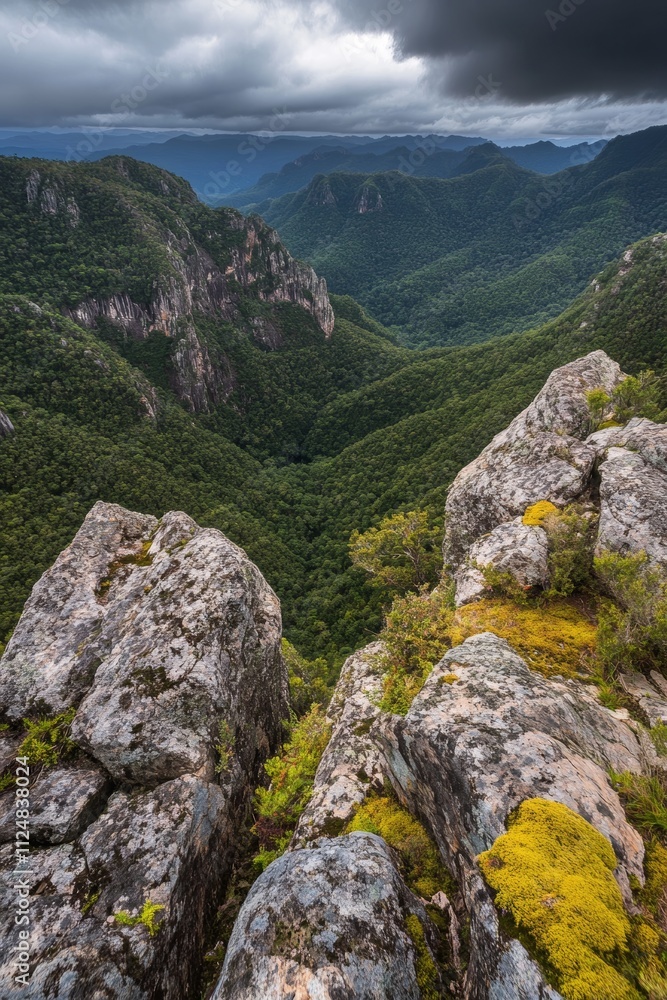 Stunning view of mountains and lush valleys. Stunning view of mountains and lush valleys.