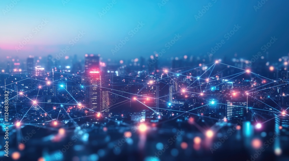 Obraz premium ai, network, technology, artificial intelligence, energy, innovation, future, digital, link, tech. smart cityscape with neon border builder. futuristic communication technology concept and innovation.