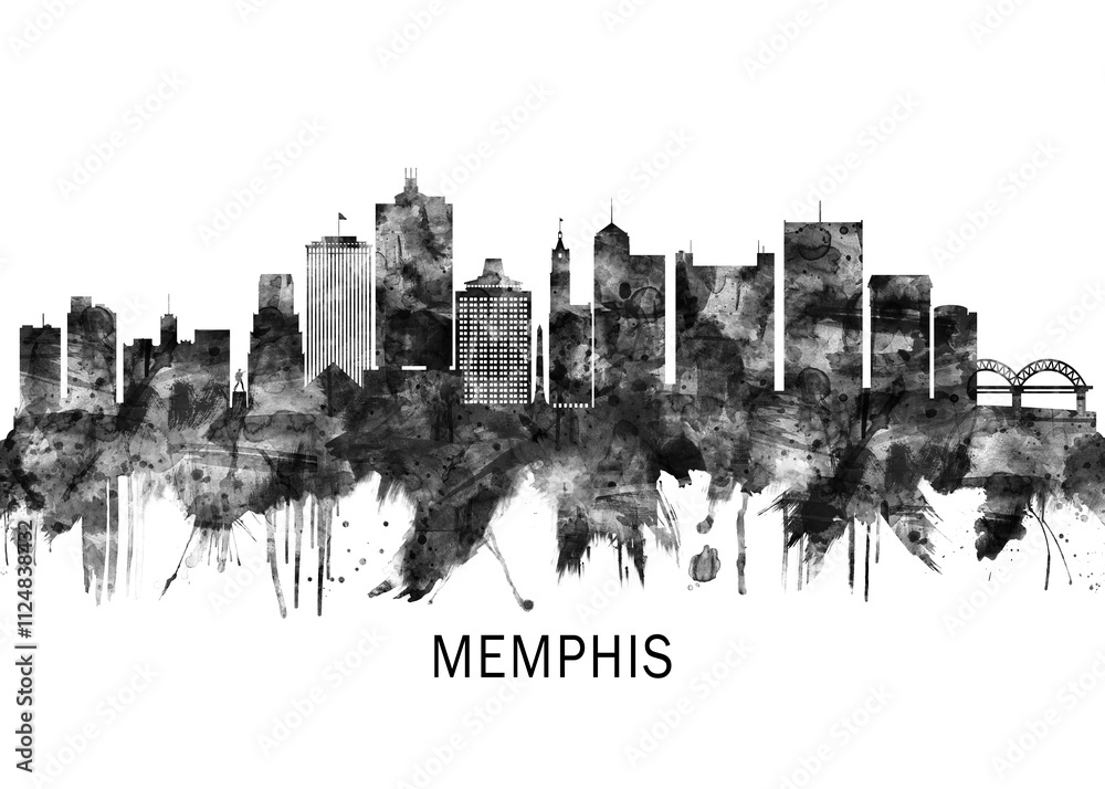 Memphis Tennessee Skyline BW, abstract painting travel poster urban landscape modern art downtown skyline illustration landmarks skyscrapers artwork architecture Memphis Tennessee Skyline BW, abstract painting travel poster urban landscape modern art downtown skyline illustration landmarks skyscrapers artwork architecture