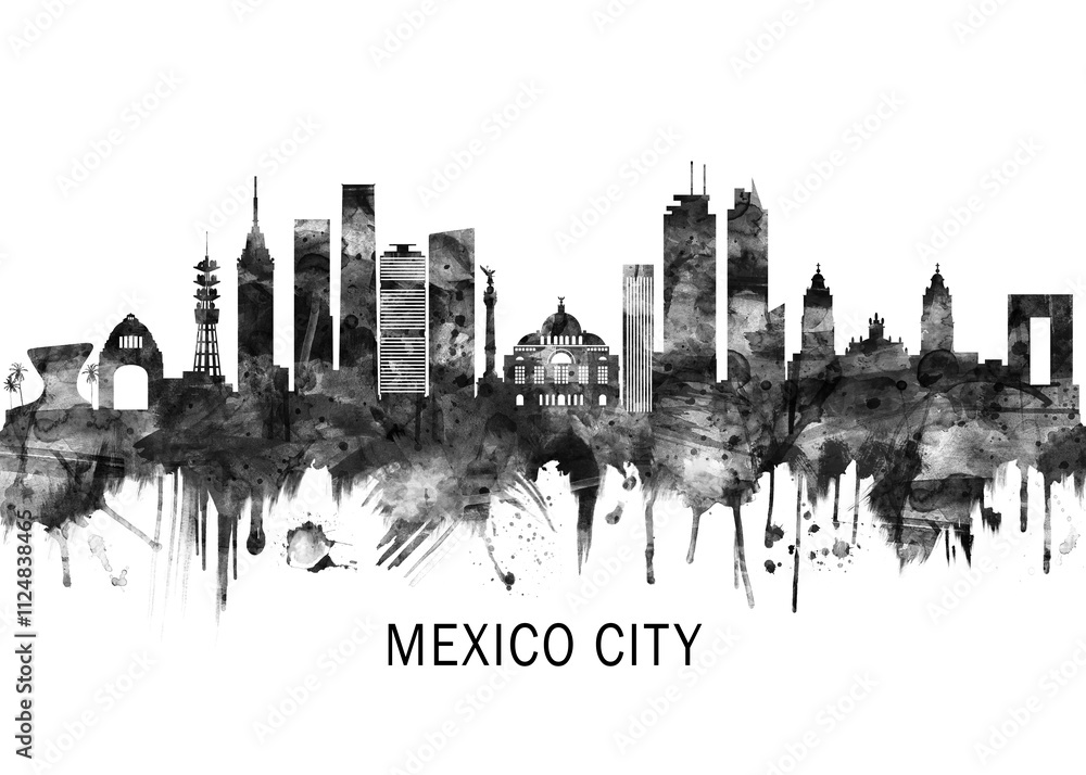 Obraz premium Mexico City Mexico Skyline BW, abstract painting travel poster urban landscape modern art downtown skyline illustration landmarks skyscrapers artwork architecture