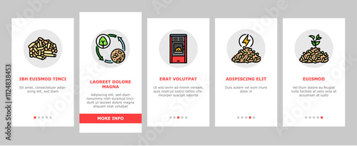wood pellets timber plywood onboarding mobile vector chip granule, energy fuel, tree panel, biomass pulp, alternative paper, cardboard wood pellets timber plywood illustrations