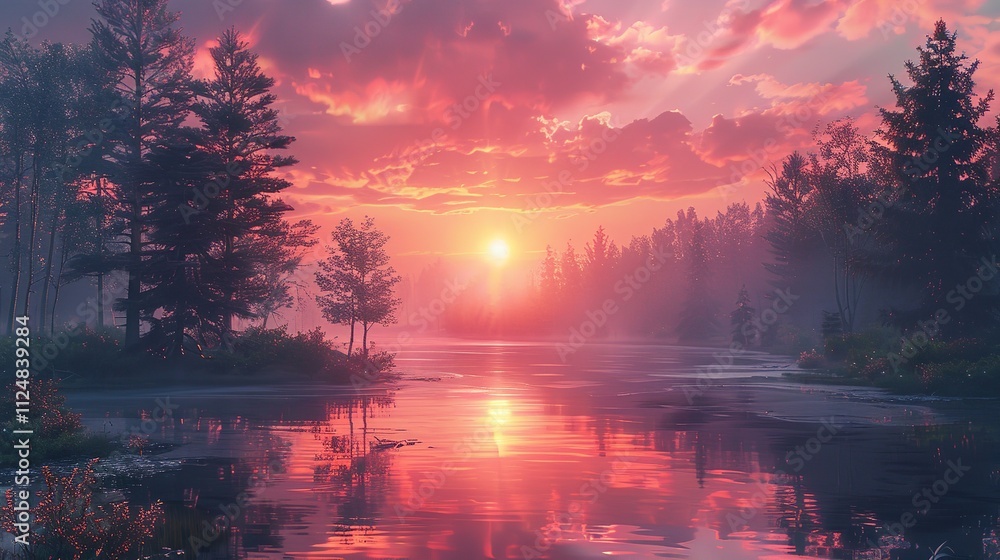 A vibrant sunrise over rolling hills covered in morning mist, with a winding river reflecting the colors of the sky. A vibrant sunrise over rolling hills covered in morning mist, with a winding river reflecting the colors of the sky.