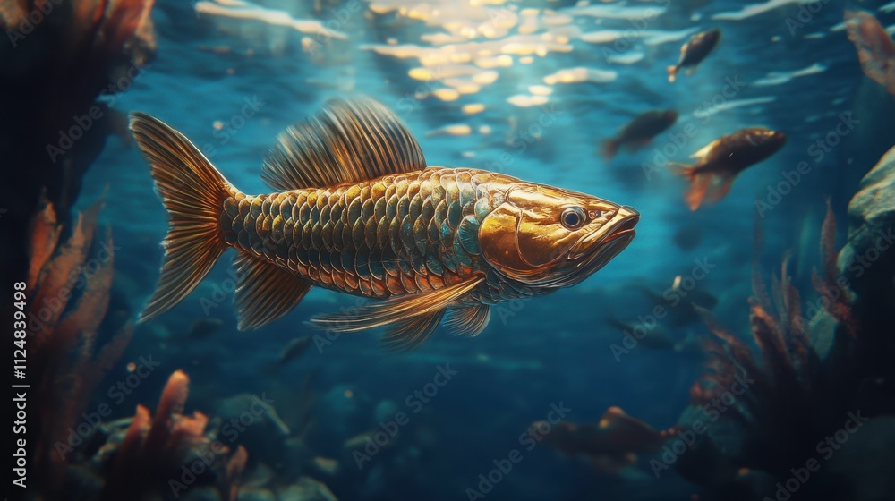 Naklejka premium Golden Fish Swimming in a Serene Underwater Scene