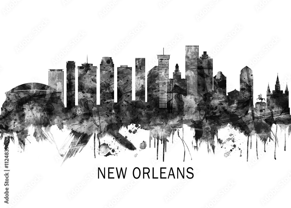 New Orleans Louisiana Skyline BW, abstract painting travel poster urban landscape modern art downtown skyline illustration landmarks skyscrapers artwork architecture