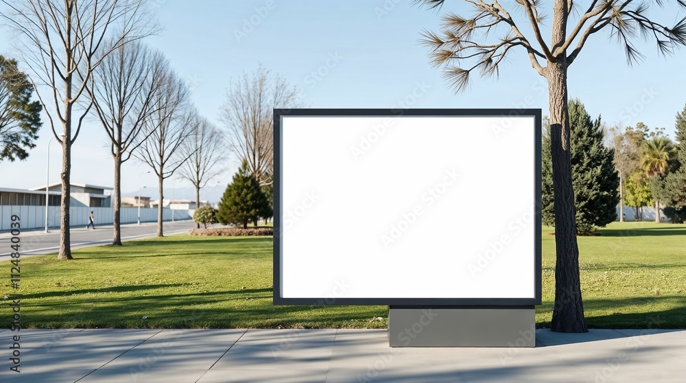 Fototapeta premium Blank billboard in a sunny park with trees.