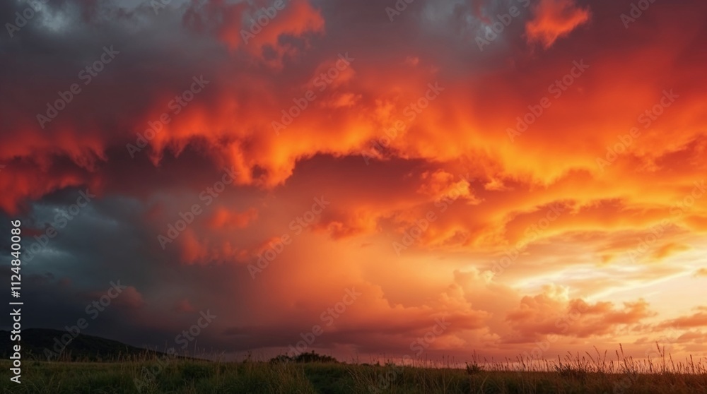 Dramatic red sunset with vibrant clouds over a field. Dramatic red sunset with vibrant clouds over a field.