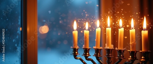 Brightly Lit Hanukkah Candles Reflecting Warmly Through a Frosted Window.