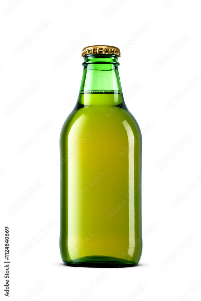 Small green beer bottle without label with golden crown cap isolated. Transparent PNG image. Small green beer bottle without label with golden crown cap isolated. Transparent PNG image.