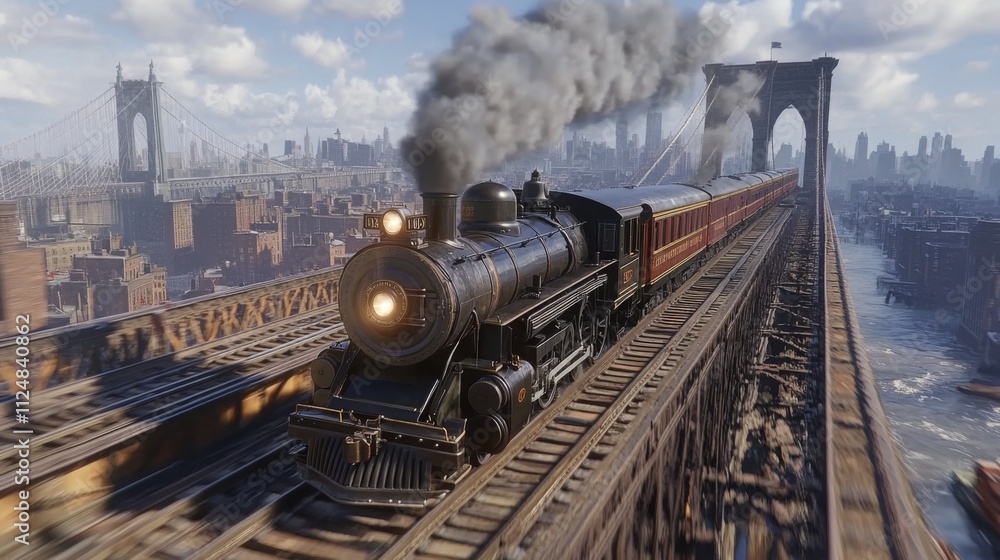 Naklejka premium Historic steam engine crossing a bridge in snow-covered industrial city