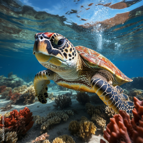 Colorful sea turtle swimming in the azure ocean.. 