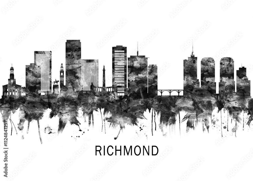 Fototapeta premium Richmond Virginia Skyline BW, abstract painting travel poster urban landscape modern art downtown skyline illustration landmarks skyscrapers artwork architecture