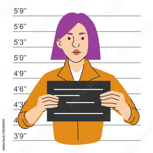 Criminal mugshot vector isolated. Female character holding board. Taking picture of person after arrest.