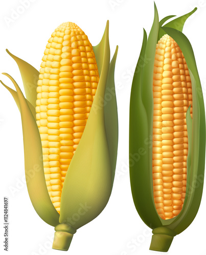 Realistic ripe raw corn cobs and yellow kernels, vector maize farm food vector 3d sweetcorn corn cobs, agriculture elements. Harvest Gradient Mesh