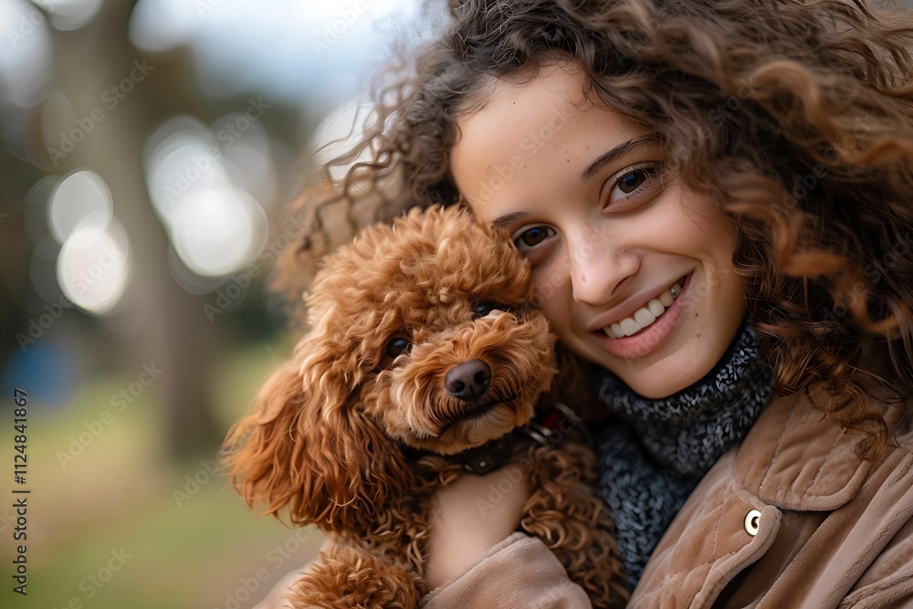 happy young woman holding her brown poodle dog in the park happy young woman holding her brown poodle dog in the park