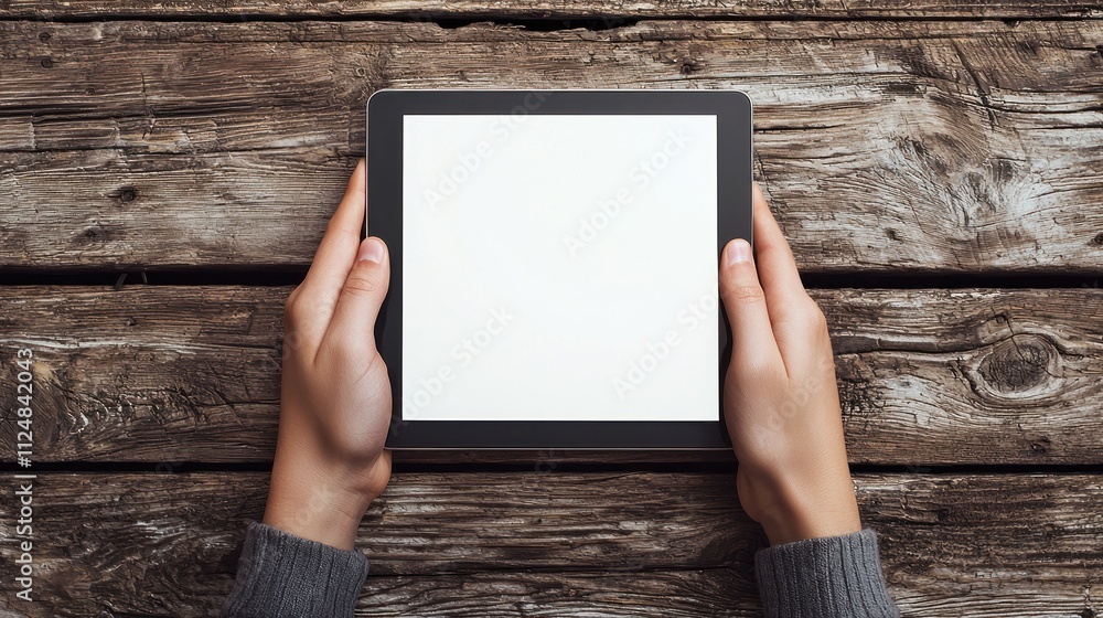 Hands Holding Tablet on Rustic Wooden Table Hands Holding Tablet on Rustic Wooden Table