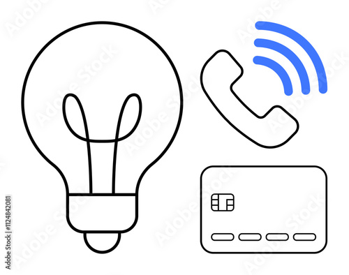 Light bulb, phone receiver with signal waves, and credit card conveying themes of technology, communication, finance, creativity, innovation, networking and smart solutions. Line metaphor photo