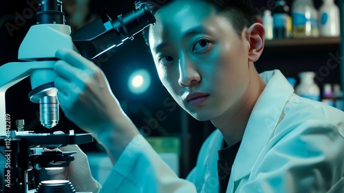 Scientist in lab coat holding molecular model of serotonin receptor, with microscope and scientific instruments, highlighting the significance of neuroscience research.