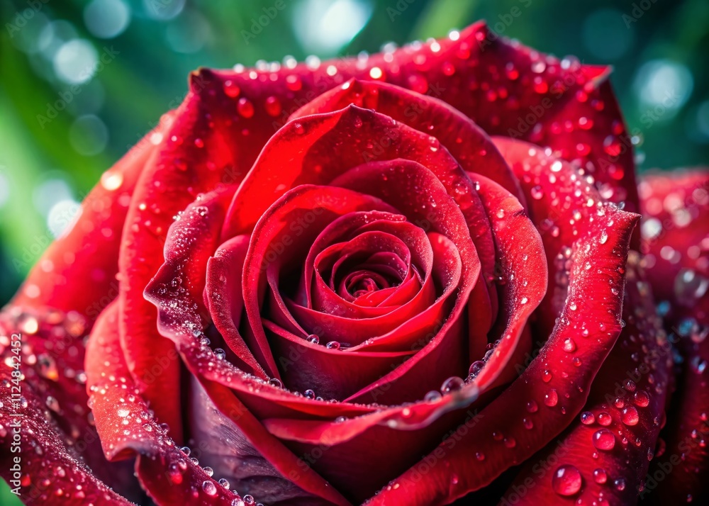 Captivating Close-Up of a Red Rose with Water Drops Glimmering on Petals, Emphasizing the Bokeh Effect for a Soft, Dreamy Background Captivating Close-Up of a Red Rose with Water Drops Glimmering on Petals, Emphasizing the Bokeh Effect for a Soft, Dreamy Background