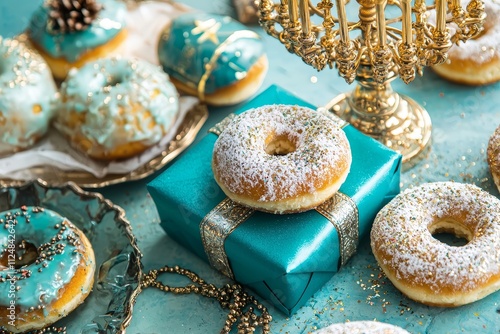 A Hanukkah celebration scene with a menorah, wrapped presents, dreidels, and traditional doughnuts, against a blue backdrop. photo