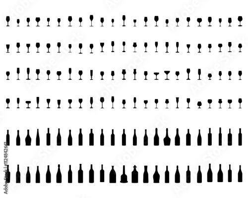 Black silhouettes of wine bottles and glasses on a white background	