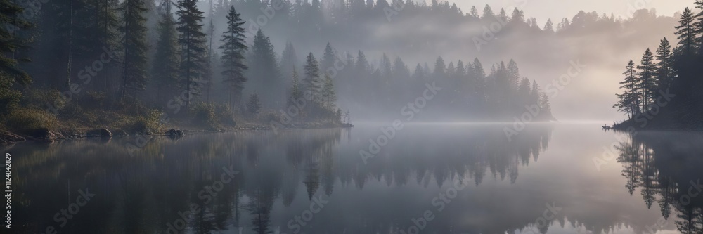 A misty fog rises from the surface of a peaceful lake in the woods at dusk, fog, trees, tranquility A misty fog rises from the surface of a peaceful lake in the woods at dusk, fog, trees, tranquility