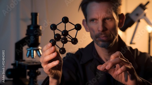 Scientist in lab coat holding molecular model of serotonin receptor, with microscope and scientific instruments, highlighting the significance of neuroscience research.