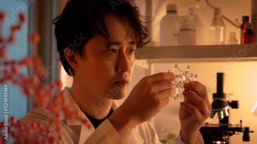 Scientist in lab coat holding molecular model of serotonin receptor, with microscope and scientific instruments, highlighting the significance of neuroscience research.
