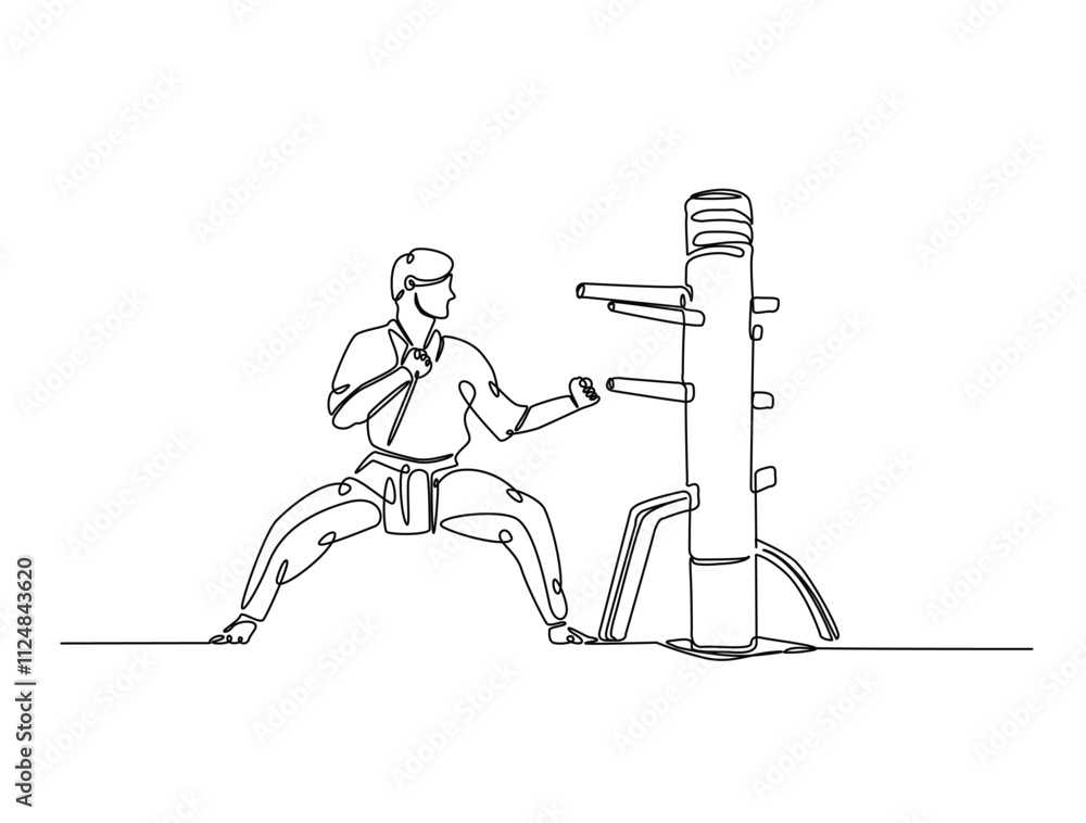 Continuous one line drawing of fighter training Wing Chun-martial art with wooden dummy. Yong Chun -asian martial art sport illustration. Editable vector. Continuous one line drawing of fighter training Wing Chun-martial art with wooden dummy. Yong Chun -asian martial art sport illustration. Editable vector.